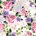 Watercolor pattern with green leaves, rose and orchids flowers.