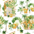 Watercolor pattern greenhouse on tropical landscape witn palm tree, banana leaf, cactus, wood house.