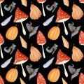 Watercolor pattern for Halloween. Witch's hat and shoe, amanita mushroom, magic crystals, pumpkin on a black