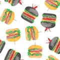 Watercolor pattern with a hamburger, cheeseburger, tomatoes, onions, cutlet, salad