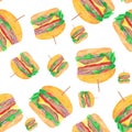 Watercolor pattern with a hamburger, cheeseburger, tomatoes, onions, cutlet, salad
