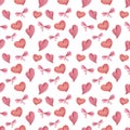 Watercolor pattern of hearts and bows seamless design on white background