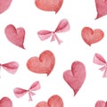 Watercolor pattern of hearts and bows seamless design on white background