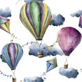 Watercolor pattern with hot air balloons and kites. Hand drawn vintage kite, air balloons with flags garlands, clouds Royalty Free Stock Photo