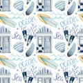 Watercolor pattern, house, flippers, seashell, surf board, waves on white background. For summer products, wrapping etc. Royalty Free Stock Photo