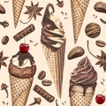 Watercolor pattern with ice cream, candies, coffee beans and spices on beige background.