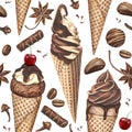 Watercolor pattern with ice cream, candies, coffee beans and spices on white background.