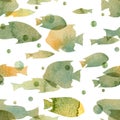 watercolor pattern with the image of silhouettes of fishes blue-gray, ocher shades on a white background.