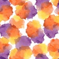 Watercolor pattern with irregular blobs in shades of orange, yellow, and purple.