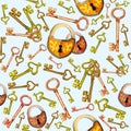 Watercolor pattern with keys and lock