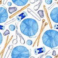 Watercolor pattern knitting tools seamless, repeating pattern Royalty Free Stock Photo