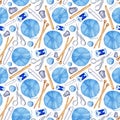 Watercolor pattern knitting tools seamless, repeating pattern Royalty Free Stock Photo