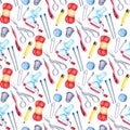 Watercolor pattern knitting tools seamless, repeating pattern. Royalty Free Stock Photo