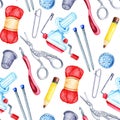 Watercolor pattern knitting tools seamless, repeating pattern Royalty Free Stock Photo