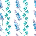 Watercolor pattern with Lavender. Lavender and clover pattern. Four leaf clover. Shamrock.