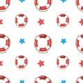 Watercolor pattern of life-ring with red and blue stars. lifebuoy with rope Royalty Free Stock Photo