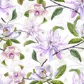 watercolor pattern magnolia flowers, white magnolia, pink and yellow Royalty Free Stock Photo