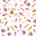 Seamless pattern with multicolored mug and tea leaves on white background