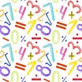 Watercolor pattern, numbers and math symbols on white background. Seamless pattern for school products, wrapping, etc.