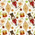 Watercolor pattern with nutcracker toy, drum, toy and decor on white background. For New Year, Christmas products etc.