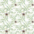 Watercolor pattern with palm tree leaves and passiflora. Hand painted exotic greenery branch and flowers. Botanical