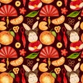 Watercolor pattern with paper fan, red tassels, rabbit girl, coin, tangerine on dark background. For Chinese New Year. Royalty Free Stock Photo