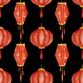 Watercolor pattern with paper festive lanterns on dark background. Pattern for various products in asian style etc.