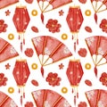 Watercolor pattern with paper lantern, red fan, flowers and gold coins. Seamless pattern in Chinese New Year style. Royalty Free Stock Photo