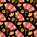 Watercolor pattern with paper red fan and gold coins on black background. Seamless pattern in Chinese New Year style. Royalty Free Stock Photo