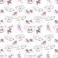 Watercolor pattern pastel illustration of elegant utensil and liliac branches in sketch style.