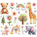 Watercolor pattern. Pattern with animals and flowers. Poster, pottern. Giraffe, flowers, elephant Royalty Free Stock Photo