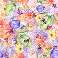 Watercolor pattern - peach, apricot, plum. Lemon branch, lime, orange. Vintage pattern. A floral pattern with fru