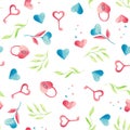 Watercolor pattern with pink and blue hearts, lock, key, cupcake, leaves, a glass of coffee, a jar. Royalty Free Stock Photo