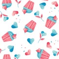 Watercolor pattern with pink and blue hearts, lock, key, cupcake, leaves, a glass of coffee, a jar. Royalty Free Stock Photo