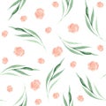 Watercolor pattern with pink and orange roses, leaves and twigs.
