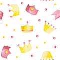 Watercolor pattern with pink and yellow crowns on white background.