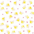 Watercolor pattern with pink and yellow crowns on white background.