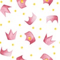 Watercolor pattern with pink and yellow crowns on white background.