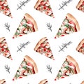 Watercolor pattern with pizza and rosemary. Seafood, shrimps, tomatoes, arugula, mozzarella. Seamless pattern