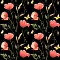 Watercolor pattern with poppies, field herbs and butterflies, isolated on black background. Perfect for textiles Royalty Free Stock Photo