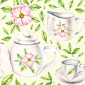 Watercolor pattern from a porcelain cup and teapot, flowers, bouquets Royalty Free Stock Photo