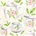 Watercolor pattern from a porcelain cup and teapot, flowers, bouquets on white Royalty Free Stock Photo