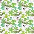 Watercolor pattern with portrait of a dog, Samoyed Laika, green shamrock. Pattern with clover for saint Patrick's