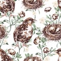 Watercolor pattern quail and plants.