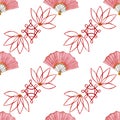 Watercolor pattern, red lotus flower, paper fan on a white background. For various products, Chinese New year, wrapping Royalty Free Stock Photo