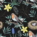 Watercolor pattern with robin birds on blooming branches and nest . Hand-drawn print in retro style for design and textile Royalty Free Stock Photo