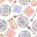 Watercolor pattern with rustic plates, wooden spoons and napkins