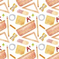 Watercolor pattern, school accessories, ruler, pencil, mathematics symbols, pencil case, easer on a white background. Royalty Free Stock Photo