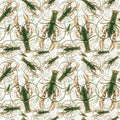 Watercolor pattern of seamless pattern on a marine theme and on a zodiac sign, cancer, lobster, river crayfish, green, detailed il Royalty Free Stock Photo