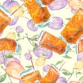 Watercolor pattern from a set of fruit - peach, apricot, yellow plum, cherry plum.drawing of a drink, juice, cocktail with  aprico Royalty Free Stock Photo